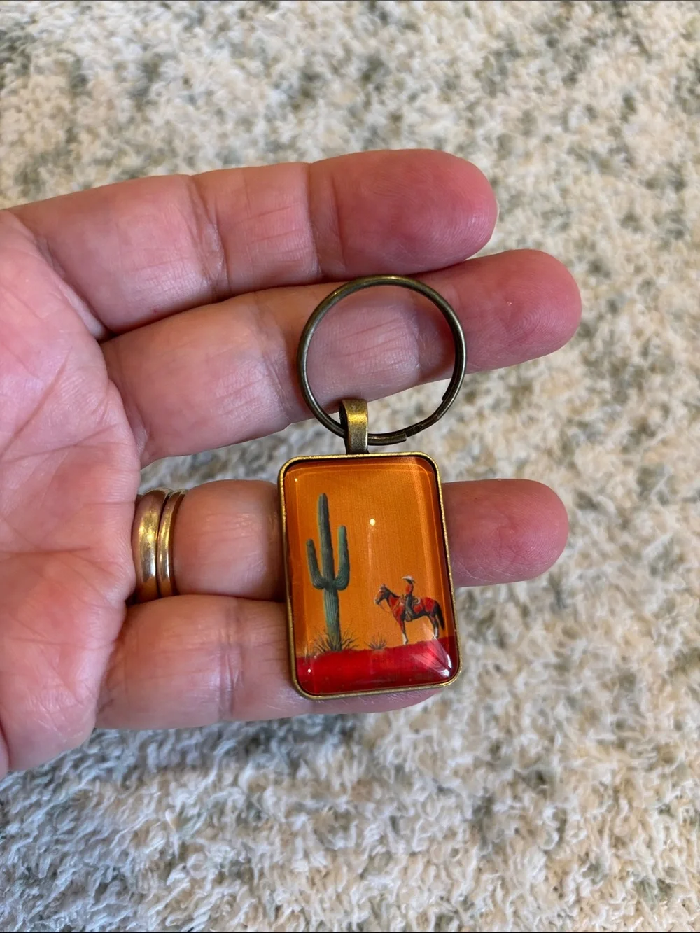 Orange Desert Cactus Cowboy Horse Keychain Brass NWT 2.5”